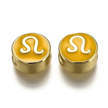 Brass Beads, with Enamel, Flat Round with Constellation, Real 18K Gold Plated, Gold, Leo, 10x5mm, Hole: 4.5x2.5mm