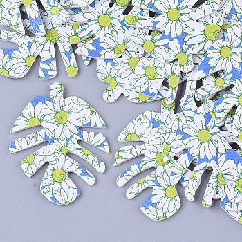 PU Leather Big Pendants, Double-Sided Printing, Flower Pattern, Leaf, Dodger Blue, 55x43x2mm, Hole: 1mm