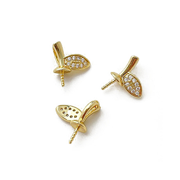 Brass Micro Pave Clear Cubic Zirconia Leaf Peg Bails Pin Charms, for Baroque Pearl Making, Golden, 8x10mm