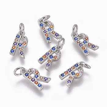 Brass Micro Pave Cubic Zirconia Charms, Letter, Colorful, Platinum, Letter.R, 9.6x5.3x1.8mm, Hole: 2~2.5mm