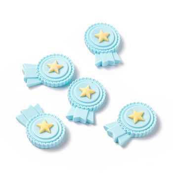 Opaque Resin Cabochons, Badge with Star, Cyan, 26x19x6mm