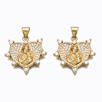 Brass Micro Pave clear Cubic Zirconia Pendants, Nickel free, Heart, Real 16K Gold Plated, 22x22x3.5mm, Hole: 3x5mm