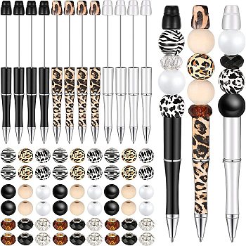 Leopard Print Pattern Plastic Ball-Point Pen, Beadable Pen, for DIY Personalized Pen with Wood Round & Rhinestones Beads, Camel, 130x190x25mm, round: 36pcs