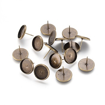 Brass Stud Earring Settings, Cadmium Free & Nickel Free & Lead Free, Antique Bronze, Tray: 12mm, 14mm, Pin: 0.7mm