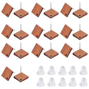 15 Pairs Walnut Wood Rhombus Stud Earring Findings, with 304 Stainless Steel Pin and 50 Plastic Ear Nuts, Coconut Brown, 17x17mm, Hole: 1.6mm, Pin: 0.7mm