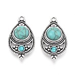 Tibetan Style Alloy Pendants, with Imitation Synthetic Turquoise, Teardrop Charms, Antique Silver, 34x18x7mm, Hole: 2mm(FIND-TAC0021-13AS)