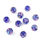 10Pcs Round Lampwork Beads, Plum Flower Petal Pattern, with Hole, Midnight Blue, 12mm, Hole: 1.8mm(LAMP-YW0001-60A)