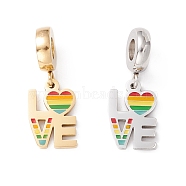 304 Stainless Steel European Dangle Charms, Large Hole Pendants, with Enamel, Word Love, Golden & Stainless Steel Color, 24mm, Hole: 4mm(STAS-I192-24)