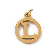 304 Stainless Steel Charms
with Jump Ring, Golden, Ring with Letter Charm, Letter L, 14.5x12x1.5mm, Hole: 3mm(STAS-R001-02G-L)