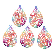 Spray Painted 430 Stainless Steel Filigree Big Pendants, Etched Metal Embellishments, Teardrop, Colorful, 45x28.5x0.5mm, Hole: 2mm(STAS-TAC0004-052H)