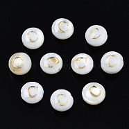 Natural Freshwater Shell Beads, with Golden Plated Brass Etched Metal Embellishments, Flat Round with Letter, Seashell Color, Letter.C, 6x4mm, Hole: 0.8mm(SHEL-S278-036C)