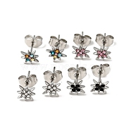 Rhinestone Flower Stud Earrings with 316 Surgical Stainless Steel Pins, Stainless Steel Color Plated 304 Stainless Steel Jewelry for Women, Mixed Color, 8x8mm, Pin: 0.8mm(EJEW-A081-10P)