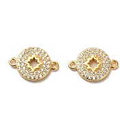 925 Sterling Silver Connector Charms, with Clear Cubic Zirconia, Flat Round with 925 Stamp, Real 18K Gold Plated, 9.5x14x2mm, Hole: 1mm(STER-H110-03G)