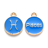 Alloy Enamel Pendants, Cadmium Free & Lead Free, Flat Round with Constellation, Light Gold, Dodger Blue, Pisces, 15x12x2mm, Hole: 1.5mm(ENAM-S124-01B-02H)