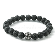 Natural Lava Rock & 316 Surgical Stainless Steel Round Beaded Stretch Bracelet, Inner Diameter: 2-1/8 inch(5.3cm)(BJEW-JB09440)