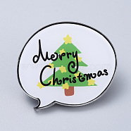 Acrylic Safety Brooches, with Iron Pin, For Christmas, Flat Round with Christmas Tree & Word Merry Christmas, White, 40x34x7mm, Pin:0.8mm(JEWB-D006-A08)