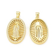 Rack Plating Brass Micro Pave Cubic Zirconia Pendants, Cadmium Free & Lead Free, Long-Lasting Plated, Real 18K Gold Plated, Oval with Religion Virgin Mary Pattern Charm, Clear, 28x17.5x3mm, Hole: 3.5x4mm(KK-C011-63G)