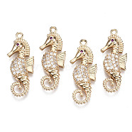 Brass Micro Pave Cubic Zirconia Pendants, Sea Horse, Long-Lasting Plated, Light Gold, Clear, 26x10x3mm, Hole: 1.2mm(X-KK-R111-036)