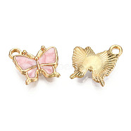 Light Gold Plated Alloy Charms, with Enamel, Butterfly, Pearl Pink, 13x13.5x2.5mm, Hole: 1.8mm(ENAM-T009-03E)