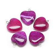Natural Brazilian Agate Pendants, Dyed & Heated, with Iron Findings, Heart, Platinum, Camellia, 22x20x6mm, Hole: 1.5mm(X-G-S262-01B)