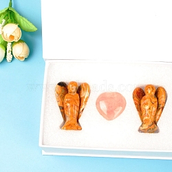 Natural Tiger Eye Carved Healing Angel & Rose Quartz Heart Set Figurines, Reiki Energy Stone Display Decorations, 27x39mm, 3pcs/set(PW-WG65171-06)