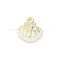 Rack Plating Alloy Enamel and Rhinestone Pendants, Cadmium Free & Nickel Free & Lead Free, Shell Shape, Golden, White, 13x12x3.5mm, Hole: 1.5mm(PALLOY-R151-40G-01)