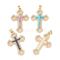 Brass Micro Pave Clear Cubic Zirconia Pendants, with Sythetic Opal, Real 18K Gold Plated, Cross Charms, with Jump Ring, Mixed Color, 38x26x2.5mm, Hole: 5x3.5mm(KK-S048-10G)