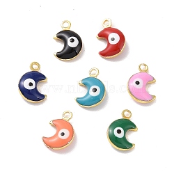 Brass Enamel Pendants, Real 18K Gold Plated, Moon with Evil Eye, Mixed Color, 10.5x7x3mm, Hole: 1.4mm(KK-J302-13G)