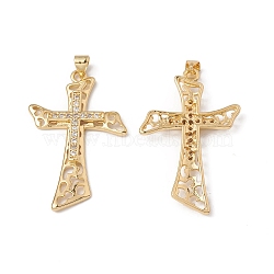 Rack Plating Brass Pendants, with Cubic Zirconia, Religion Cross Charm, Cadmium Free & Lead Free, Long-Lasting Plated, Real 18K Gold Plated, 40x25x3.5mm, Hole: 5x3.5mm(KK-D087-34G)