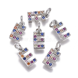 Brass Micro Pave Cubic Zirconia Charms, Letter, Colorful, Platinum, Letter.E, 9.5x4.8x1.7mm, Hole: 2mm(ZIRC-L070-38E-P)