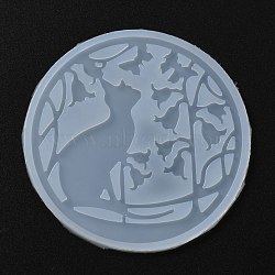 Coaster Food Grade Silhouette Silicone Molds, Resin Casting Molds, For UV Resin, Epoxy Resin Craft Making, Round with Cat, White, 95x5mm(DIY-H145-10)