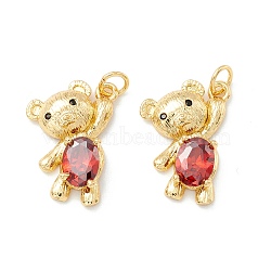 Rack Plating Brass Micro Pave Red Cubic Zirconia Pendants, Cadmium Free & Nickel Free & Lead Free, Long-Lasting Plated, Bear, Real 18K Gold Plated, 21x19x1.5mm, Hole: 3.4mm(KK-D073-20G)