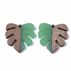 Resin & Wood Pendants, Tropical Leaf Charms, Monstera Leaf Pendant, Green, 30x28x3.5mm, Hole: 2mm(X-RESI-S358-24A)