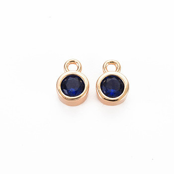 Brass Charms, with Rhinestone, Nickel Free, Real 18K Gold Plated, Flat Round, Capri Blue, 8x5x3mm, Hole: 1.4mm