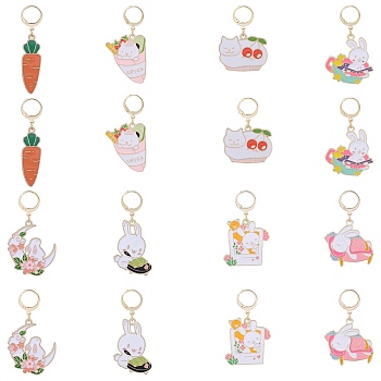 Rabbit Carrot Cat Alloy Enamel Pendant Decoration, 304 Stainless Steel Leverback Hoop Charms, Mixed Color, 25~33mm, 8 style, 2pc/style, 16pcs/set