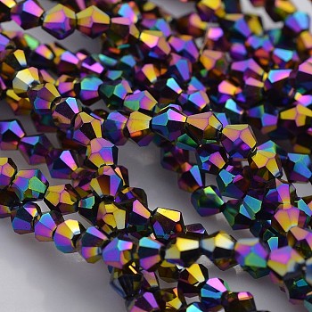 Faceted Bicone Electroplate Glass Beads Strands, Full Rainbow Plated, Indigo, 4x4mm, Hole: 1mm, about 115~118pcs/strand, 18.5 inch