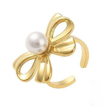 Stainless Steel Shell Pearl Rings, Bowknot, Real 18K Gold Plated, US Size 6 3/4(17.1mm)
