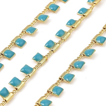 Brass Rectangle Link Chains, with Enamel, Soldered, with Spool, Real 18K Gold Plated, Long-Lasting Plated, Turquoise, 4x1.5x0.7mm, 10m/roll