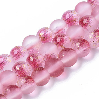 Frosted Spray Painted Glass Beads Strands, with Golden Foil, Round, Camellia, 6~7mm, Hole: 1.2~1.5mm, about 65~67pcs/Strand, 14.76 inch~15.12 inch(37.5~38.4cm)