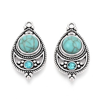 Tibetan Style Alloy Pendants, with Imitation Synthetic Turquoise, Teardrop Charms, Antique Silver, 34x18x7mm, Hole: 2mm