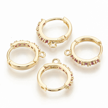 Brass Hoop Earring Findings, with Cubic Zirconia, Orchid, Nickel Free, Real 18K Gold Plated, 15x14x2.5mm, Hole: 1mm, pin: 0.8mm
