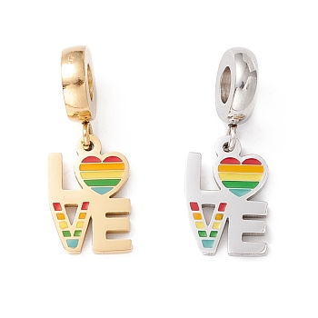 304 Stainless Steel European Dangle Charms, Large Hole Pendants, with Enamel, Word Love, Golden & Stainless Steel Color, 24mm, Hole: 4mm