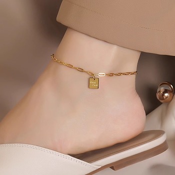 316L Surgical Stainless Steel Good Luck Square Charm Paperclip Chain Anklets for Women, Golden, 7-1/8 inch(180mm)