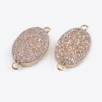 Natural Druzy Quartz Crystal Links connectors, with Brass Finding, Oval, Golden, Antique White, 22x12x3.5~4.5mm, Hole: 1mm