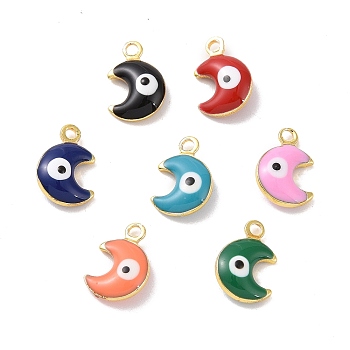 Brass Enamel Pendants, Real 18K Gold Plated, Moon with Evil Eye, Mixed Color, 10.5x7x3mm, Hole: 1.4mm