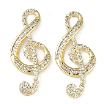 Rack Plating Brass Micro Pave Clear Cubic Zirconia Pendants, Long-Lasting Plated, Lead Free & Cadmium Free, Music Note, Real 18K Gold Plated, 39.5x17x3mm