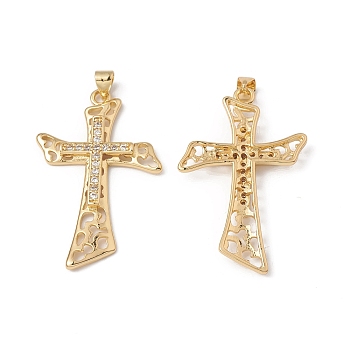 Rack Plating Brass Pendants, with Cubic Zirconia, Religion Cross Charm, Cadmium Free & Lead Free, Long-Lasting Plated, Real 18K Gold Plated, 40x25x3.5mm, Hole: 5x3.5mm