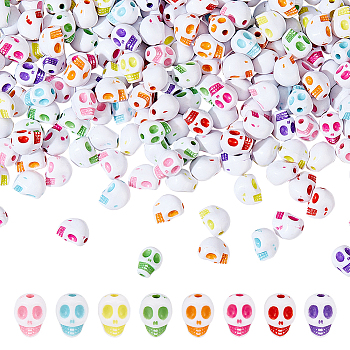 555Pcs Halloween Opaque Resin Beads, Skull, Mixed Color, 7.5x10x8mm, Hole: 1.6mm