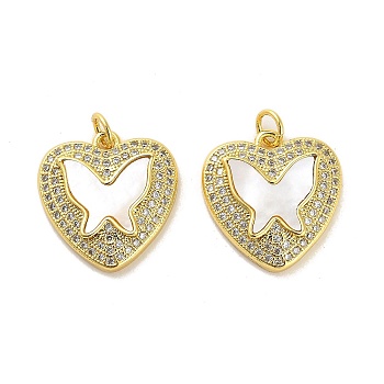 Brass Micro Pave Clear Cubic Zirconia Pendants, with Shell, Jump Rings, Real 18K Gold Plated, Butterfly, 18.5x18x4.5mm, Hole: 4.5mm