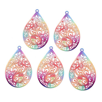 Spray Painted 430 Stainless Steel Filigree Big Pendants, Etched Metal Embellishments, Teardrop, Colorful, 45x28.5x0.5mm, Hole: 2mm